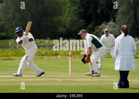 Village cricket a lunga Itchington (con una femmina di arbitro), Warwickshire, Inghilterra, Regno Unito Foto Stock