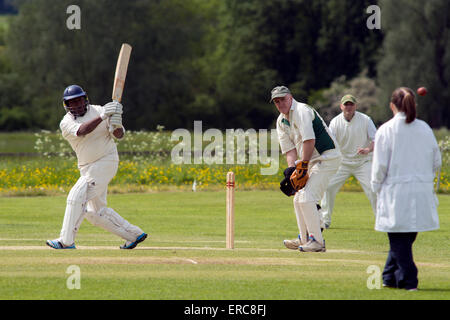 Village cricket a lunga Itchington (con una femmina di arbitro), Warwickshire, Inghilterra, Regno Unito Foto Stock