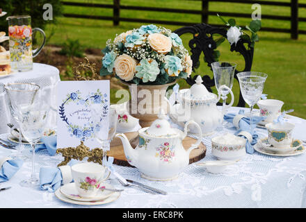 Tabella impostata per un outdoor celebrativo tea party Foto Stock