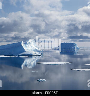 Due grandi iceberg e ghiaccio galleggiante in Antartide Foto Stock