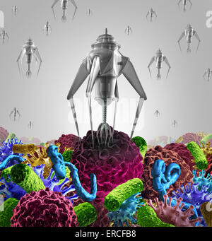 La nanotecnologia la terapia medica il concetto di medicina come un gruppo di microscopici nano robot o nanobots programmata per uccidere una malattia come il cancro virus letale e cellule di batteri o di malattia umana come un avveniristico health care curare il simbolo. Foto Stock