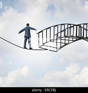 Riduzione del rischio concetto come un imprenditore su un funambolico camminando su un filo che diventa a forma di una cassetta di sicurezza tre ponte dimensionale Foto Stock