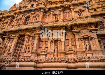 Frammento di bassorilievo torre Brihadishvara Hindu Temple, India, nello Stato del Tamil Nadu, Thanjavour, primo piano Foto Stock