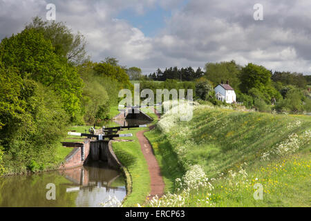 Alba sul volo di bloccaggio sulla Worcester & Birmingham Canal vicino Tardebigge, Worcestershire, England, Regno Unito Foto Stock