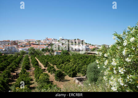 Castello di Silves sulla cima di una collina domina la città e gli agrumi crescente area nella regione dell'Algarve del Portogallo meridionale Foto Stock