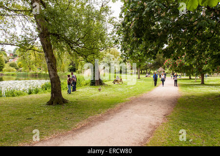 Il percorso del bosco attraverso Cremorne giardini accanto alla mera, Ellesmere (noto come Shropshire's Lake District) Shropshire, Regno Unito Foto Stock