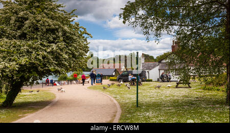 La passeggiata verso Il Boathouse cafe accanto alla mera a Ellesmere (noto come Shropshire's Lake District), Shropshire, Regno Unito Foto Stock