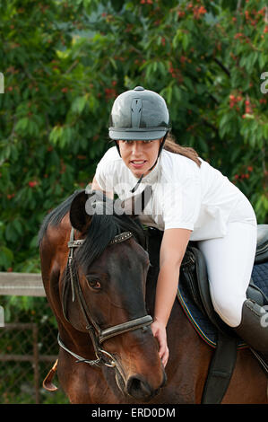 Allegro giovane donna jockey Maneggio con cavalli di razza pura all'aperto Foto Stock