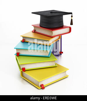 Concetto di graduazione con libri che portano alla mortarboard. Foto Stock