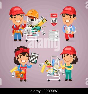 Lavoratori acquisti materiali nel fai da te per la riparazione di appartamento Illustrazione Vettoriale