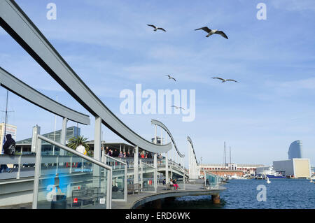 Gabbiani sorvolano il Maremagnum mall a Port Vell Harbour, Barcellona, Spagna Foto Stock