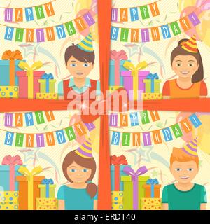 Raccolta di quattro compleanno biglietti di auguri per i ragazzi e le ragazze con doni e palloncini in uno stile piatto. Illustrazione Vettoriale