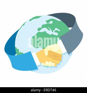 Appartamento moderno vettore concettuale illustrazione del business internazionale di cooperazione sotto forma di una stretta di mano intorno al globo terrestre Illustrazione Vettoriale