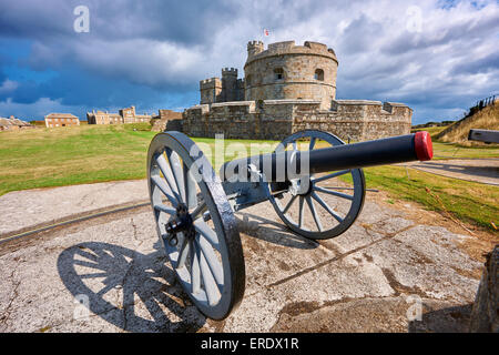 Cannone di fronte Pendennis dispositivo castello fortezza costruita nel 1539 per Henry VIII, vicino a Colchester, England, Regno Unito Foto Stock