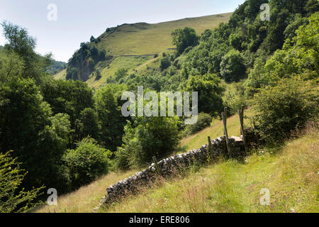 Regno Unito, Inghilterra, Staffordshire, Dovedale, campo stile su pietre a secco parete sopra il fiume Colomba Foto Stock