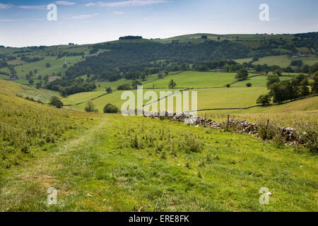 Regno Unito, Inghilterra, Staffordshire, Ilam, vista giù per la collina Bunster al villaggio e Ilam Park e Hall Foto Stock