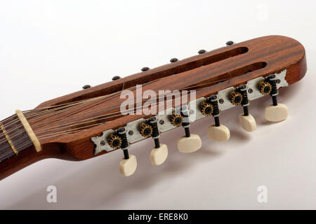 Bandurria, 12 string mandolino spagnolo fatta da Vicente Tomas. Close-up dettaglio di pioli e stringhe Foto Stock