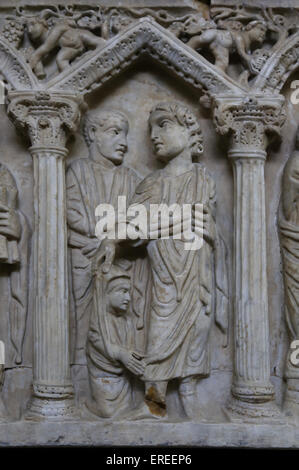 Gesù la guarigione della donna di sanguinamento. Miracolo. Il Nuovo Testamento. Dettaglio sarcofago romano. Dei primi cristiani. 4° C. Musei Vaticani. Foto Stock