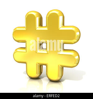 Hashtag, numero mark 3d golden segno isolato su sfondo bianco. Vista laterale Foto Stock