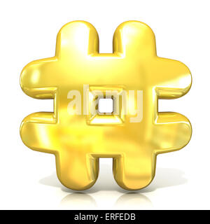 Hashtag, numero mark 3d golden segno isolato su sfondo bianco. Vista frontale Foto Stock