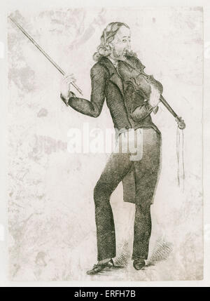 Niccolò Paganini - caricatura ritratto italiano del violinista e compositore di suonare il violino in una singola stringa. Incisione, Foto Stock