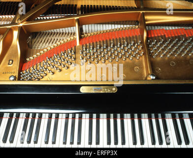 Chiudere fino a Steinway grand piano tastiera con vista della struttura interna che mostra le stringhe (Steinway e figli). Foto Stock