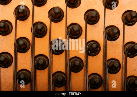 Close-up dettaglio del pianoforte - pioli o perni e stringhe da un pianoforte verticale Foto Stock