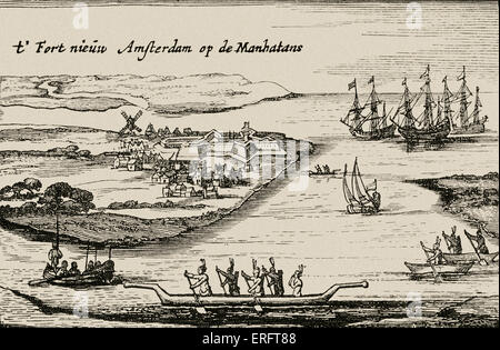 New Amsterdam - vista olandese di insediamento coloniale che divenne in seguito la città di New York. La didascalia recita: t' Fort Nieuw Amsterdam op de Manhatans. Chiamato anche la vista Hartgers. Pubblicato da Joost Hartgers, Amsterdam, c. 1626. Foto Stock