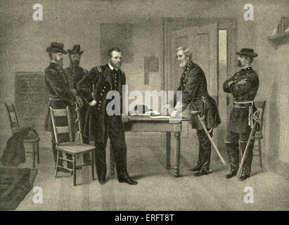 Consegna presso il Tribunale di Appomattox - il generale Robert E. Lee rinuncia dell'esercito della Virginia del Nord e in generale di concedere a Foto Stock