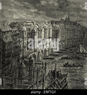 London Bridge. - Mostra le case costruite lungo il bridgeEngraving da Gustave Doré, da 'London, un pellegrinaggio, da Gustave Doré e Blanchard Jerrold', 1872. Foto Stock