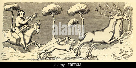 Medievale a caccia di cervi. La didascalia "Natura e aspetto di cervi e come essi possono essere oggetto di atti di caccia con i cani". facsimile di una miniatura Foto Stock
