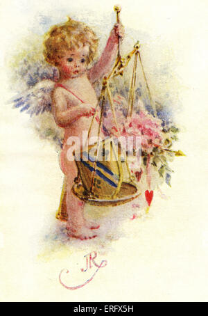 Angelo o Amorino con fiori e cuore. Illustrazione di John Rae (c.1910) Foto Stock