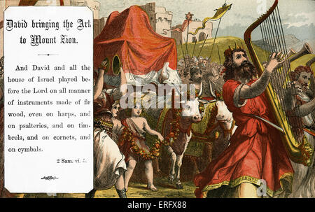 David portando l'arca al monte Sion. 2 Samuele , capitolo VI, versetto 5. ("Davide e tutta la casa d'Israele suonavano davanti all'Eterno ogni sorta di strumenti di legno di cipresso, cetre e arpe, tamburelli, sistri e cembali'.) le storie della Bibbia in stile vittoriano illustrazioni per Domenica scuola prenota. 2 Sam. VI. 5. Foto Stock