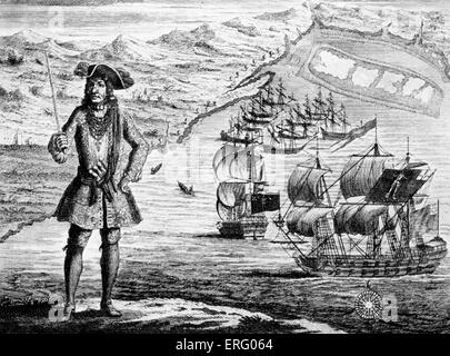 Capitano Bartholomew Roberts con due navi, "Royal Fortune " e " il Ranger' sulla costa di Guinea' incisione di cole di b. CBR: buccaneer gallese noto come Black Bart (anche se non nella sua vita), egli è stato un grande successo come un pirata dei Caraibi. Data di nascita c. 17 maggio 1682 - 10 febbraio 1722. Foto Stock