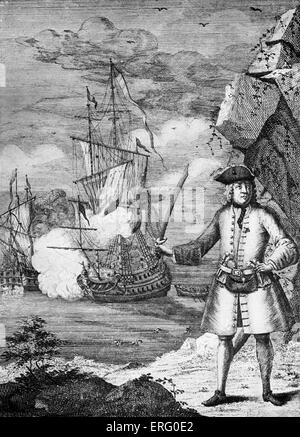 Il capitano John AVERY, incisione. La didascalia recita "capitano John Avery tenendo il Gran Mogul 's nave". Il pirata, John Avery e il suo equipaggio, catturata l'imperatore con dossi Aurangzeb 's più grande nave, la Ganj-i-Sawai e la sua nave escort, il Fateh Muhammed, nell'Oceano Indiano. JA: (Avary, Henry ogni, Capitano Bridgeman, lunga ben) buccaneer inglese, attivo c. Giugno 1694 a settembre 1695. Foto Stock