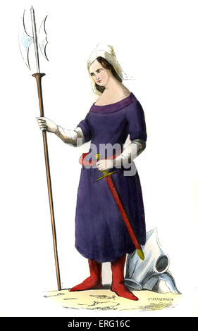Giovanna d'Arco (Jeanne d'Arc, la Pucelle d'Orléans) nei tradizionali Lorena paese abito con wimple hat, lei sta tenendo in mano una spada Foto Stock