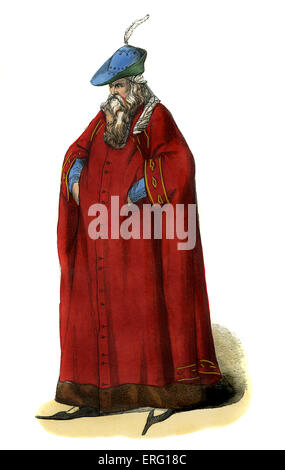 Nobile uomo Milanese - costume del XIV secolo. Indossando scarlet foderata in pelliccia robe, blu hanno raggiunto un picco a caccia con cappello di piuma in esso, e Foto Stock