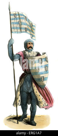 Sir John di Sitsylt, Cavaliere - costume dal XIV secolo. Indossando ermellino foderato abito rosso su armatura completa con chanmail e scarpe con speroni agganciati. Bandiera di contenimento e protezione blasonate con stemma di famiglia. c. 1847 dipinte a mano e copia del XIV secolo art. (Pannemaker) Foto Stock