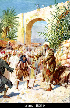 Gesù guarisce un mendicante cieco Bartimeo chiamato sulla strada di Gerico. " E che chiamano il cieco dicendogli:, alzati e le chiama a te". Egli, gettato via il mantello, si alzò e venne a Gesù" Mark x 46-52. Illustrazione di William foro 1846-1917. Foto Stock