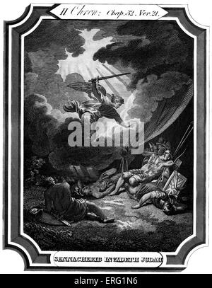 L angelo del Signore uccide soldati assiri durante Sennacherib's assedio di Gerusalemme. La didascalia recita: Sennacherib invadeth Giuda. Cronache II, Chap XXXII, versetto 21 'e il Signore mandò un angelo, che sterminò tutti gli uomini forti e valorosi e i leader e i capi nell'accampamento del re di Assiria. Così egli ritornò con la vergogna sul volto, nel suo paese. E quando egli era venuto nella casa del suo dio, essi che è uscito dalle sue proprie viscere, l'uccisero di spada.' incisione di T O Barlow 1824 -1889. Foto Stock