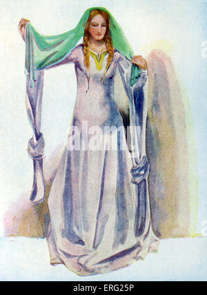 Donna 's costume in regno di Stephen (1135 -1154) . Pastore che indossa un abito cucita sul retro, appeso annodato manicotti pendente e verde wimple con capelli intrecciati racchiuso in corrispondenza di estremità con silken casi. Illustrato e scritto da Dion Clayton Calthrop, 1875 - 1937 (1907). Foto Stock