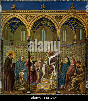 San Francesco di Assisi predica al papa Onorio III. Affresco di Giotto di Bondone, artista italiano 1267 - 1337; San Francesco Foto Stock