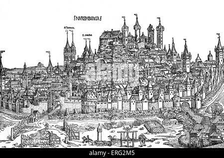Vista Nurnburg nel XV secolo. Da Hartmann Schedel 'cronaca del mondo' /Weltchronik Foto Stock