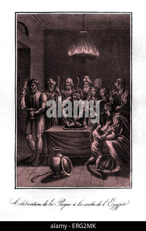 Mosè stragi un agnello per Pasqua prima leeaving Egitto come un anziano si prepara a dipingere il infisso con il suo sangue usando un Foto Stock