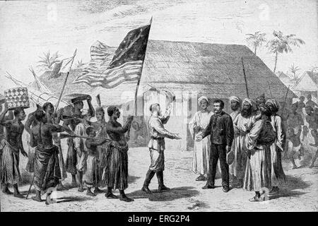 Stanley ricerca di Livingstone nel villaggio di Ujiji sulla riva del lago Tanganica e Zanzibar, 28 ottobre 1871.'Dr Livingstone. Ho Foto Stock