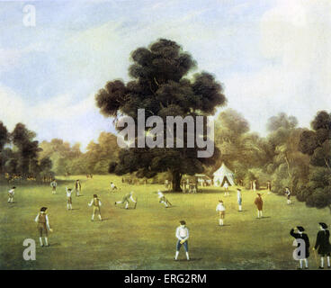 Signori e Signori del Surrey e Kent giocare a cricket Knole Park, Kent, 1775. Artista non noto. Foto Stock