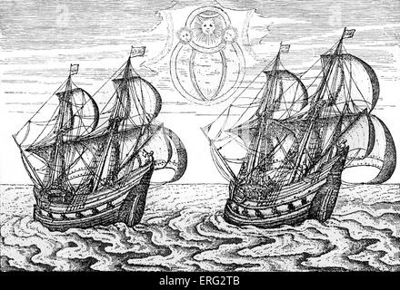 Le navi della spedizione di Barents. Incisione da 'tre viaggi di William Barents alle regioni artiche'. 1594, 1596, Foto Stock