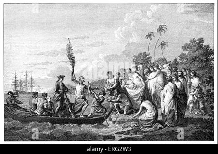 La Captain Cook 's atterraggio sul friendly islands, moderno Tonga, accolti dagli isolani polinesiano. James Cook esploratore britannico e cartografo 7 Novembre 1728 - 14 febbraio 1779. Foto Stock