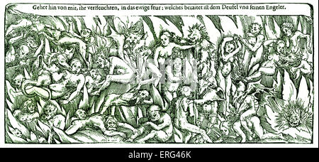 L'inferno da Lucas Cranach . Il tedesco del XVI secolo raffigurante la xilografia demoni e dannati . Didascalia: 'Gehet hin von mir ihr Foto Stock
