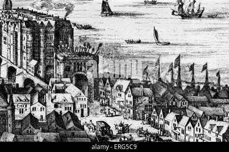 Il Southwark fine del vecchio ponte di Londra nel 1616. Dettaglio da una incisione da Visscher J. Foto Stock